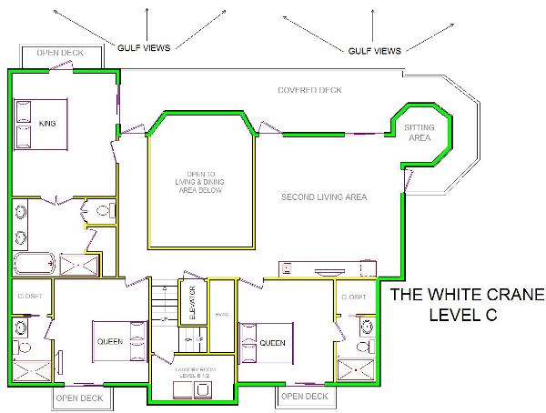 A level C layout view of Sand 'N Sea's beachfront house vacation rental in Galveston named The White Crane